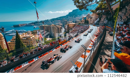 AI-generated content. Formula One racing event. Several Formula One cars racing down track. Luxurious event, popular motorsport competition 112546482