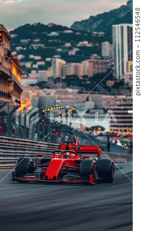 AI-generated content. Red Formula One race car driving on race track on blurred background showing buildings on sunset 112546548