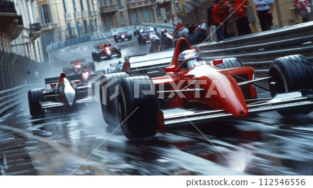 AI-generated content. Fast racing cars driving on high speed on wet road along the street with blurred people on pedestrian crossing. Concept of motor sport, racing, competition AI-generated content. Fast racing cars driving on high speed on wet road along the street with blurred people on pedestrian crossing. Concept of motor sport, racing, competition 112546556