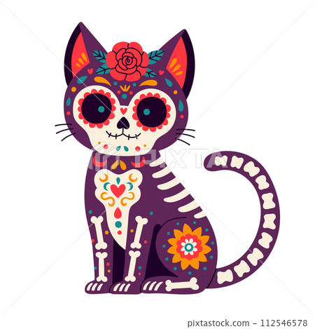 Day of the Dead, Dia de los muertos, cat skull and skeleton decorated with colorful Mexican elements and flowers.  112546578