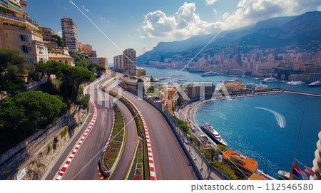 AI-generated content. Aerial view of Formula One race track with the Monaco skyline in the background. Poster for a motorsport event highlighting the excitement of racing. 112546580
