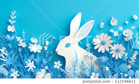 Easter paper cut greeting card with white rabbit in flowers on blue background. Generative AI 112546621