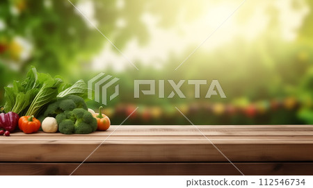 Farm vegetables harvest on empty wooden table at nature, generative ai 112546734