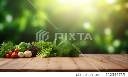 Fresh organic vegetables on empty wooden table at green garden background. Generative ai 112546735