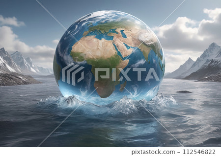 Planet Earth's environment heats up and sinks into a lot of water. Climate change global warming conceptual theme. Generated AI Planet Earth's environment heats up and sinks into a lot of water. Climate change global warming conceptual theme. Generated AI 112546822