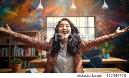African american businesswoman excited on the workplace, celebrating the successful deal. Generated AI. 112546858