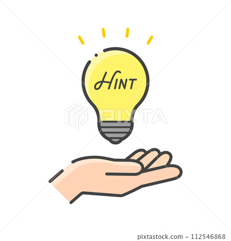 提示文字、發光燈泡和人手圖示 - 用於提示、想法和建議的圖像材料 提示文字、發光燈泡和人手圖示 - 用於提示、想法和建議的圖像材料 112546868