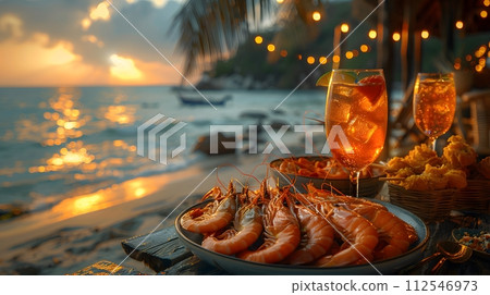 Illustration of delicious looking food beautifully arranged on a beach by the sea. Can be used to attract tourists, promote seaside restaurants, food products, catering services or travel packages 112546973