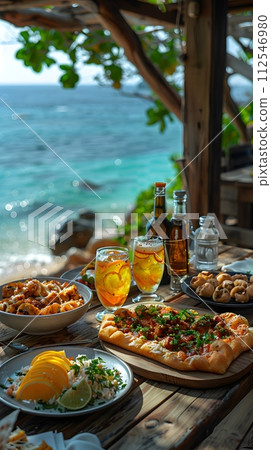 Illustration of delicious looking food beautifully arranged on a beach by the sea. Can be used to attract tourists, promote seaside restaurants, food products, catering services or travel packages 112546980