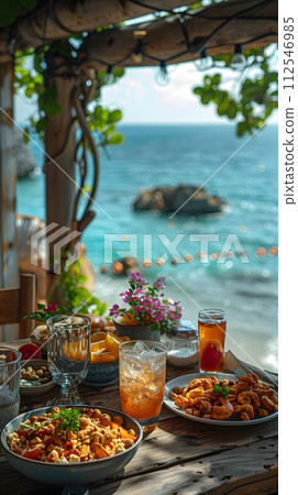 Illustration of delicious looking food beautifully arranged on a beach by the sea. Can be used to attract tourists, promote seaside restaurants, food products, catering services or travel packages 112546985
