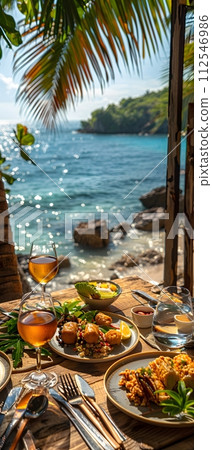 Illustration of delicious looking food beautifully arranged on a beach by the sea. Can be used to attract tourists, promote seaside restaurants, food products, catering services or travel packages 112546986