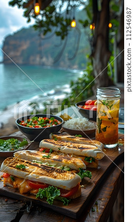 Illustration of delicious looking food beautifully arranged on a beach by the sea. Can be used to attract tourists, promote seaside restaurants, food products, catering services or travel packages 112546987