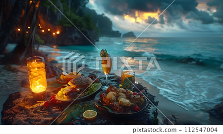 Illustration of delicious looking food beautifully arranged on a beach by the sea. Can be used to attract tourists, promote seaside restaurants, food products, catering services or travel packages 112547004