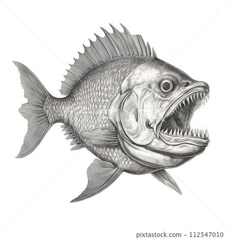 scary predatory piranha fish with big teeth isolated on white close-up, dangerous animal, engraving style, close-up portrait, black and white drawing 112547010