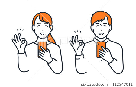 Simple vector illustration set material of a young couple holding a smartphone and giving an OK sign 112547011