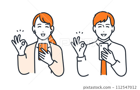 Simple vector illustration set material of young office workers, male and female, holding a smartphone and giving an OK sign Simple vector illustration set material of young office workers, male and female, holding a smartphone and giving an OK sign 112547012
