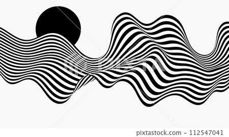Abstract background optical illusion, black and white curves, flow, wave. 112547041