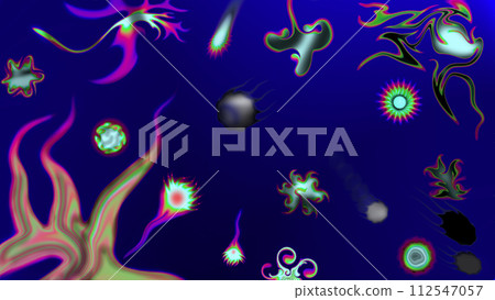 Abstract drawing of the underwater world.Octopuses, jellyfish, algae, ciliates stingray and starfish are depicted. Abstract drawing of the underwater world.Octopuses, jellyfish, algae, ciliates stingray and starfish are depicted. 112547057