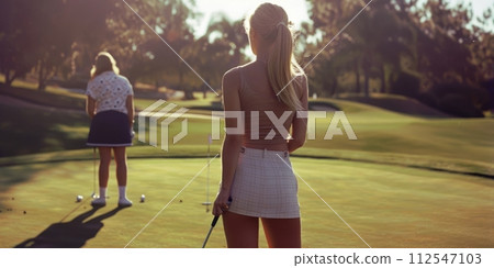 AI-generated content. Rear view of two girls in retro attire, friend rest on golf field in sunny day while playing in golf. 112547103