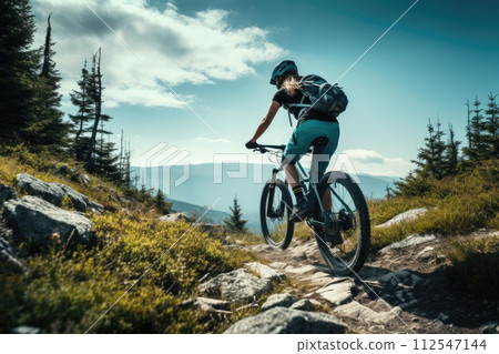 Mountain biking woman riding on bike in summer mountains forest landscape. Generative AI 112547144