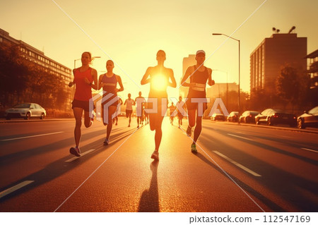 Picture of a group of people participating in a run. World health day. Generative AI 112547169
