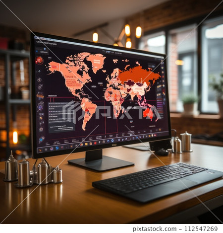 Location identifier icon on laptop with information network on a map and a button with icons with data. Generative AI 112547269