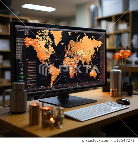 Location identifier icon on laptop with information network on a map and a button with icons with data. Generative AI 112547271