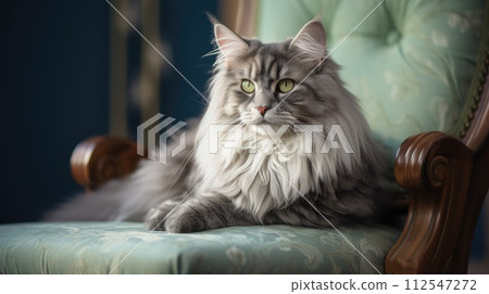 A cute grey cat is resting. Generative AI. 112547272