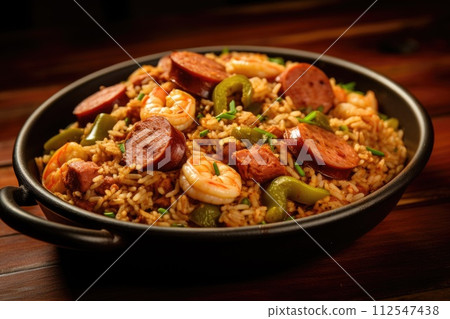 Spicy homemade Jambalaya. Generative AI 112547438