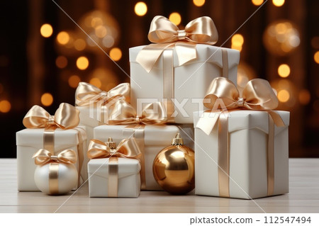 Gift boxes. Merry Christmas, Marry New Year, birthday. Generative AI 112547494