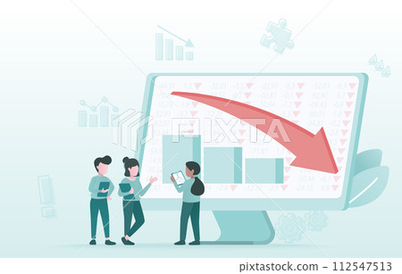 Financial business and stocks market slump concept. Analysis of investor or business people decreasing, downward arrow, bankruptcy and falling down bar graph. Flat vector design illustration. 112547513