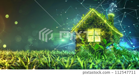 AI-generated content. Green energy saving house with a copy space 112547711