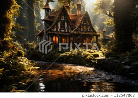 An old house standing in a forest on the bank of a stream. Generative AI 112547808