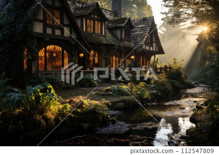 An old house standing in a forest on the bank of a stream. Generative AI 112547809