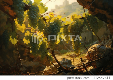 Grapes on the vine of grape trees. Generative AI Grapes on the vine of grape trees. Generative AI 112547811