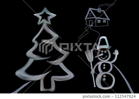 On a blue background there is a Christmas tree and a snowman with a broom, with a cozy house behind them. 112547824