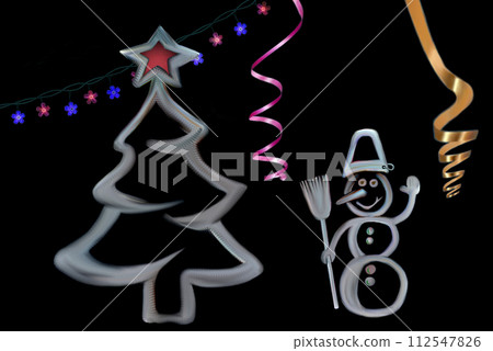 On a black background there is a Christmas tree and a snowman with a broom.Hanging garland and serpentine. 112547826