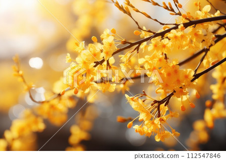 Forsythia blossom on bush. Generative AI 112547846
