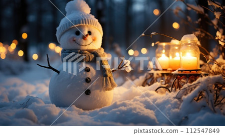 Little cute snowman in a knitted hat and scarf on snow on a sunny winter day. Christmas card. Generative AI 112547849