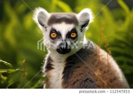 Portrait of a lemur against the background of green nature. Generative AI 112547853