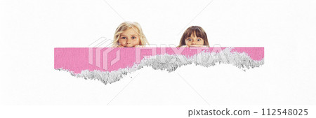 Modern aesthetic artwork. Two curious and surprised little girls peeking out of behind pink piece of paper against white background. 112548025