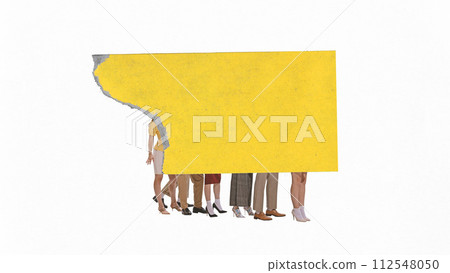 Contemporary art collage. Group of people dressed retro attire stands behind yellow piece of paper against white background. 112548050