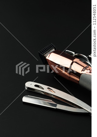 Tools for barbershop on black background studio shot 112548051