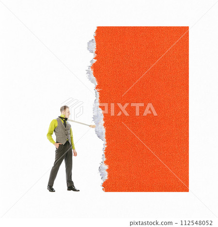 Contemporary art collage. Someone pulling a man's tie to vibrant orange piece of paper against white background. 112548052