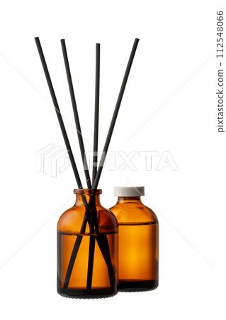 Aromatic diffuser bottle with sticks isolated on white background 112548066