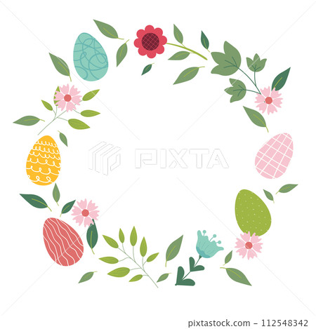 Happy Easter concept, elements for poster, greeting card. Trendy Easter design with flowers, eggs, in pastel colors on white background. Flat vector illustration. 112548342