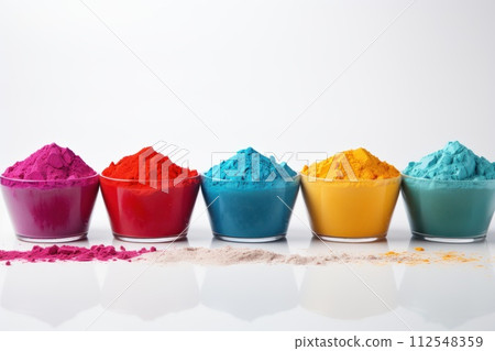 Happy Holi festival banner template with holi powder color bowls on white Generative AI 112548359