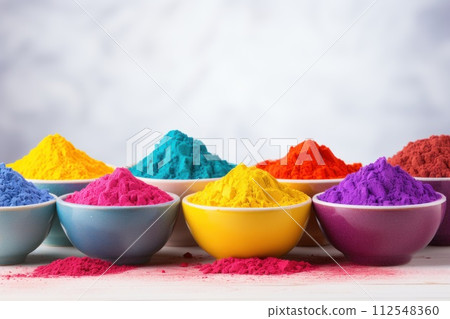 Happy Holi festival banner template with holi powder color bowls on white Generative AI 112548360