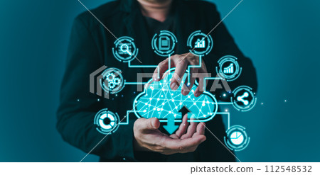 man holding icon cloud computing diagram show on hand. data storage.cloud technology.secure backup and consistency networking and internet service concept.implementing storage technology in business man holding icon cloud computing diagram show on hand. data storage.cloud technology.secure backup and consistency networking and internet service concept.implementing storage technology in business 112548532