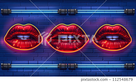 Neon Glowing Lips Art Installation on Brick Wall at Night Neon Glowing Lips Art Installation on Brick Wall at Night 112548679
